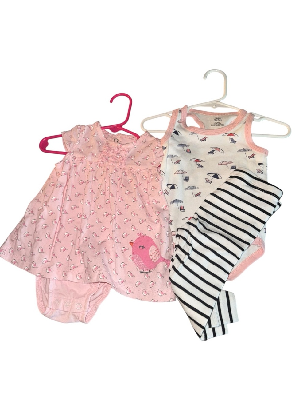 Pink Bird Baby Girls Dress/Bloomers Set & Beachy One Piece & Stripe Pants